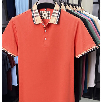 High-end silky cotton breathable short-sleeve polo shirt men's summer new trend plaid lapel designer brand casual golf T-shirt