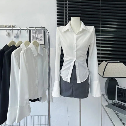 White Shirt Women Tops Korean Long Sleeve Blouses Lace Up Button Up Shirt Office Lady Black Fashion Slim Turn-Down Collar Blouse