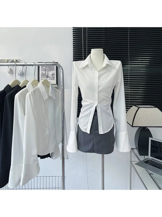 White Shirt Women Tops Korean Long Sleeve Blouses Lace Up Button Up Shirt Office Lady Black Fashion Slim Turn-Down Collar Blouse