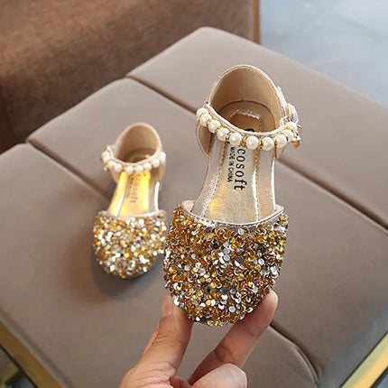 Summer Girls Shoes Bead Mary Janes Flats Fling Princess Shoes Baby Dance Shoes Kids Sandals Children Wedding Shoes Gold