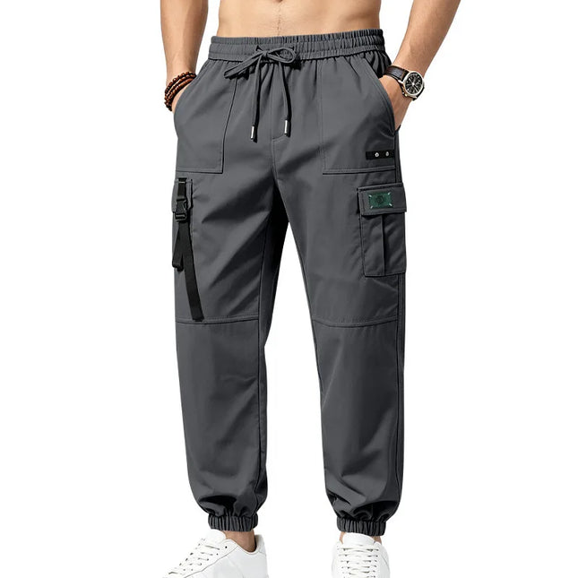 2026 New Men Streetwear Multi Pocket Decor Strap Cargo Joggers Elastic Waist Loose Ankle Lightweight Outdoor Casual Work Pants