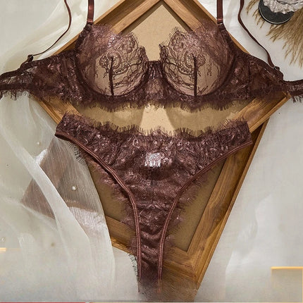 Ladies' Basic Style Thin Lace Bra and Panty Set Seamless Single Layer Eyelet Underwear Comfortable Intimate Apparel