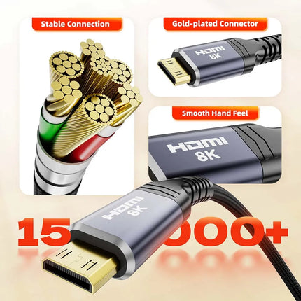 8K Mini HDMI to HDMI Cable Adapter Braided Mini HDMI 2.1 to HDMI Cable Bi-direction Mini HDMI to HDMI 8K adapter Cable