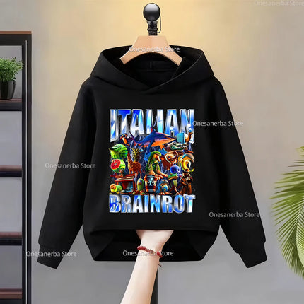 Cartoon Italian Brainrot Children's Hoodies Funny Graphic Boy Fleece Sweatshirt Tralalero Tralala Casual Sports Pullover Coats