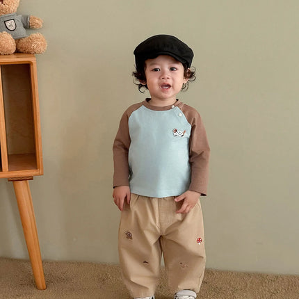 2026 Fall New Toddler Kids Pants Cotton Cartoon Embroidered Harem Pants Baby Boy Casual Striped Denim Baggy Trousers