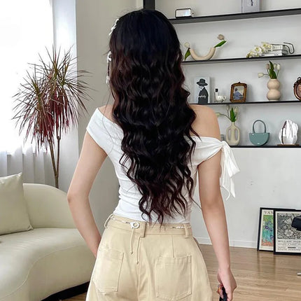 2024 Women's Summer Ins Style New Shrink Pleated One-Shoulder Crop Top Backless Twist Tie Asymmetric T-Shirt Casual Top