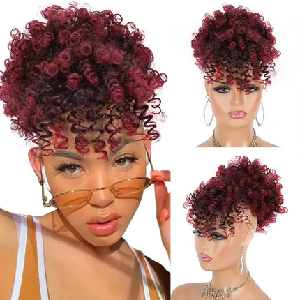 Ombre Brown Blonde Short Afro Puff Drawstring Ponytail Hair Bun, Synthetic Curly Bangs Wrap Around Headband Hairpieces for Women