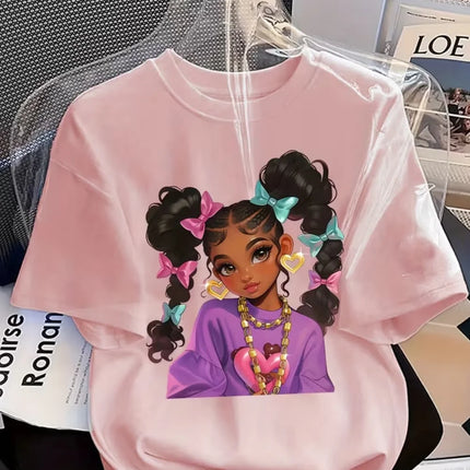 Girls' Summer Crew-Neck Short-Sleeved Top New Black Girls Cute Top Girls Clothes Cartoon Print T-Shirt Top Children's Clothing