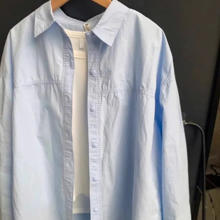 Blue Long Sleeve Shirt Jacket Women Spring Summer Thin French Open Front Blouse Early Autumn Top