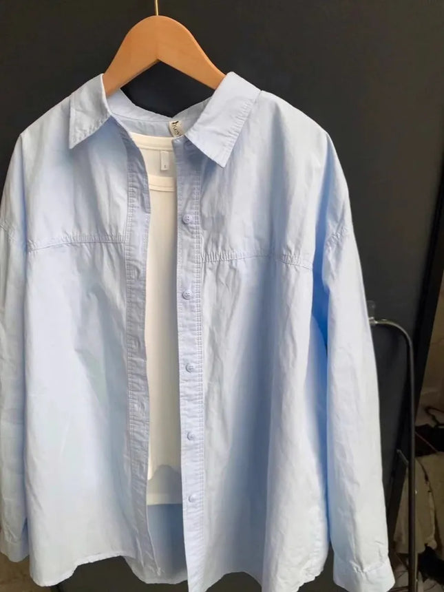 Blue Long Sleeve Shirt Jacket Women Spring Summer Thin French Open Front Blouse Early Autumn Top