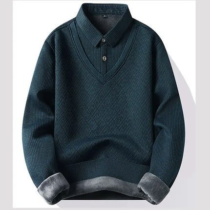 Winter Warm Thick Pullovers Men Polo Neck Fake Two Pieces Sweaters Fashion Casual Striped Fleece Lined Jumper Knitting Sweaters