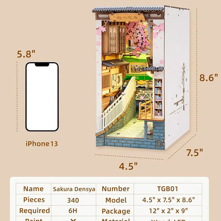 Robotime Rolife DIY Book Nook Japanese Sakura Densya in Books Series Wooden Miniature House with Furniture Doll House Kits Toy