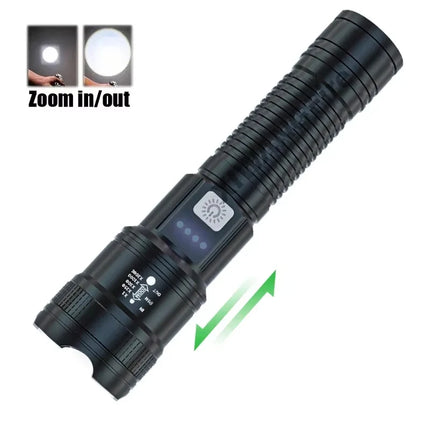 10000LM High Power LED Flashlight Long-range USB C Rechargeable Flashlight Power Display Zoom Lantern For Outdoor Camping Torch