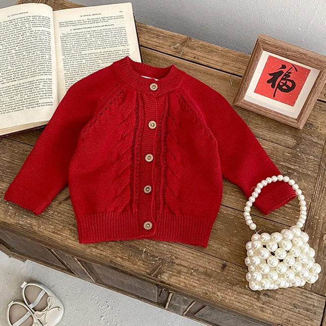 Spring Autumn Baby Girls Cardigans Red Coat Baby Sweater Toddler Knit Cardigans Newborn Knitwear Long-sleeve Baby Girl Clothes