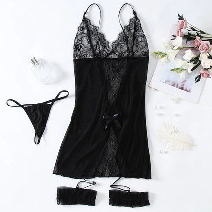 Plus Size Erotic Crotchless Lingerie Women Lace Babydoll Nightie Gown Sexy Costumes Deep V Baby Doll Nightdress With Thong Set