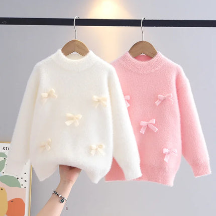 2025 Sweaters for Kids Girls Winter Warmer Bow-tie Sweater Fluffy Flocking Knitted Tops Outfit Student Princess Clothing IY08151