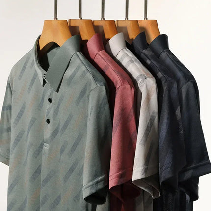 Men's Fashion Polo Shirt Short Sleeve Lapel Collar Diagonal Striped Print Casual Business Golf Tops