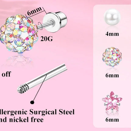 Hypoallergenic Spiral Earrings for Ladies Surgery Steel Cute Heart CZ Flowers Pearl Ball Small Stud Earrings for Girls