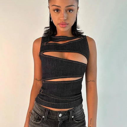 Women's Sleeveless Round Neck Vest Summer Solid Color Hollow Slim Vest Top Fashion Sexy Streetwear Women's Slim Vest Top