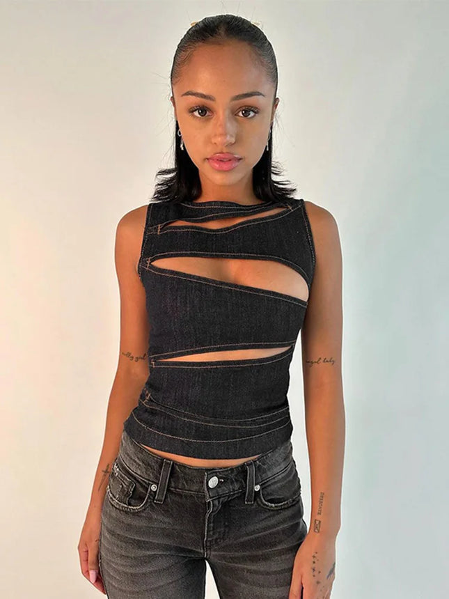 Women's Sleeveless Round Neck Vest Summer Solid Color Hollow Slim Vest Top Fashion Sexy Streetwear Women's Slim Vest Top