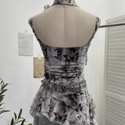 Women's Vintage Tie-dye Printed Mesh Spaghetti Strap Camisole Hot Girl Irregular Ruffled Ribbon Sleeveless Top Partyclub 1185