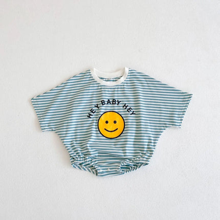 Summer style baby girl jumpsuit with cotton short sleeves, smiley face printed stripes, and a climbing suit