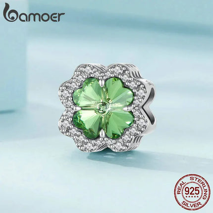 Bamoer 925 Sterling Silver Green Transparent Clover Beads The Tree of Life Family Pendant Plant Charms for Women Necklace DIY