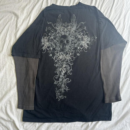 90s Vintage Cross Skull Print Tee Mall Goth Graphic Long Sleeve Patchwork T-Shirt Harajuku Retro Y2K Crop Top Women Streetwear