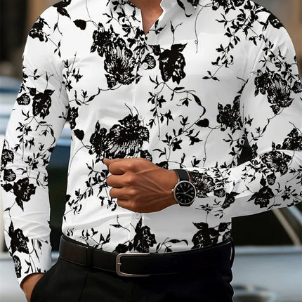 2026 Men's Fashion Red Rose Print Long-Sleeve Shirt, Stylish Casual Design, Spring/Autumn Casual Shirt, Sizes XS-6XL