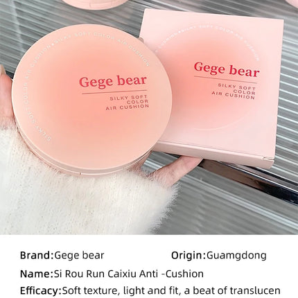 Gege Bear Milky Pink Cushion - Soft Matte Blurring Cover, Skin-Like Nude Finish, 12H Wear, Clean Beauty Lightweight Foundation