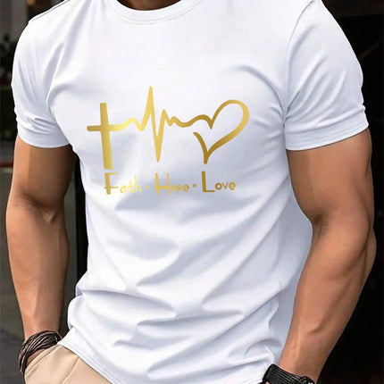 Men's Summer 100% Cotton Fashionable Casual Loose Large Size FAITH HOPE LOVE Printed Sports Round Neck Short Sleeve T-shirt Top