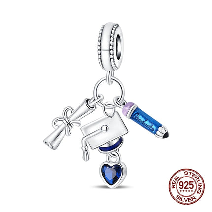 100% 925 Sterling Silver Graduation Season Series Owl Bachelor's Hat Charms Beads Fit 3mm 925 Original Bracelets DIY Jewelry