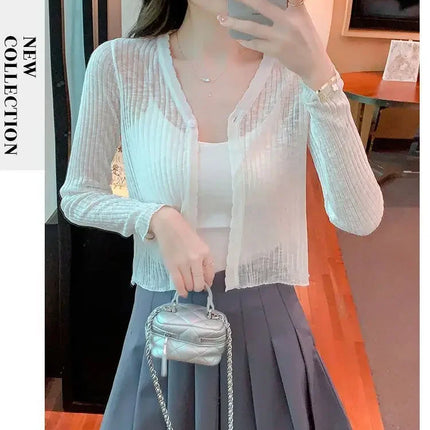 Slim Fit Knitted Long Sleeve Short Cardigan Women's Summer New Style Korean Version Thin Outerwear Pure Color Sun Protection Shi