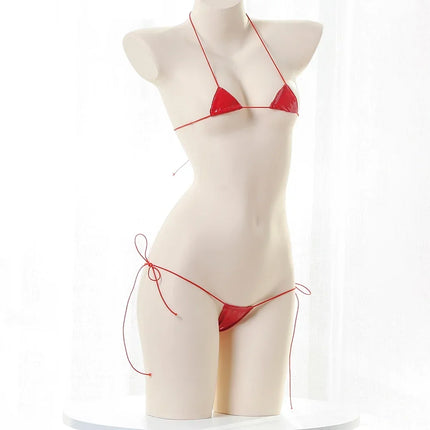 New Womens Sexy Lingerie Leather Bikini Bra G-string Wet Look Breathable Halter Lace-up Tight Fitting Uniform Set Ladies Bikini