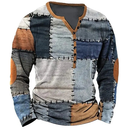 Men's Vintage T-shirt, Cotton Imitation T-shirt, Geometric Lines Print, Henley Long-sleeved T-shirt, Top, Men's T-shirt, Casual