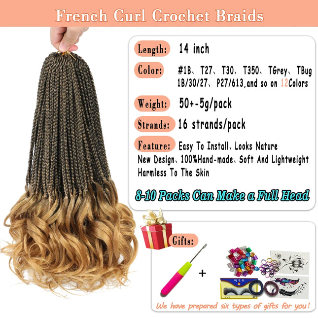 14" Synthetic French Curls Crochet Hair Braids Kid-Friendly Ombre Brown to Blonde French Curl Box Braids with Bouncy Curly Ends