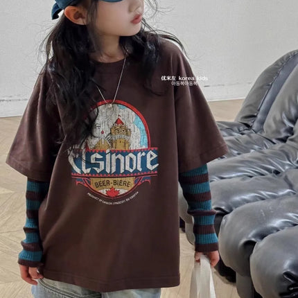 Bora Children's Faionable Girl's 2025 New Autumn Sweatirt Fake Two-Piece Children's T-irt Boys And Girls Casual Loose Fit