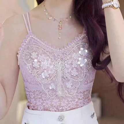 Women's Clothing Heavy Beaded Floral Tank Sexy Crop Tops Ropa Mujer Lace Butterfly Top Navel-Baring Sexy Cropped Top Summer Camis