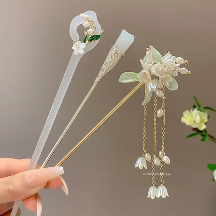 Retro Tassel Pearl Rhinestone Hair Stick Chinese Style Hairpin for Women Wedding Hair Accessories Charm Metal Hairpins Jewelry