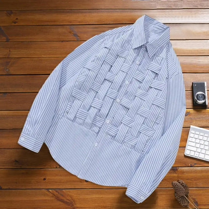 Men Fall Shirt Weaving Striped Print Individual Long Sleeve Cardigan Single-breasted Loose Cardigan Braided Men Spring Top
