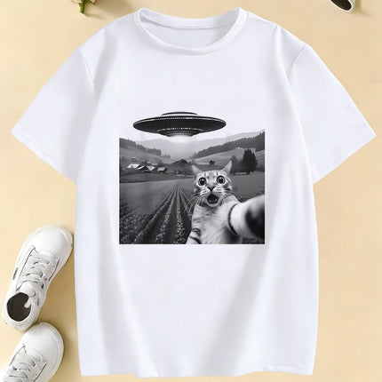Funny Casual Ufo Cat Kawaii Design Print T Shirts Kids Children's T-shirt Anime Boys Girls Summer Spring Casual Top Tee