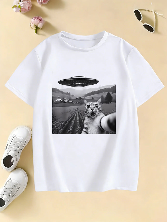 Funny Casual Ufo Cat Kawaii Design Print T Shirts Kids Children's T-shirt Anime Boys Girls Summer Spring Casual Top Tee