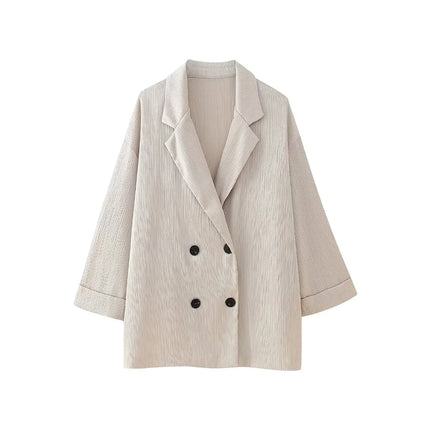 Women's Double-Breasted Loose Blazer Coat and High Elastic Waist Wide Leg Pants, Female Two Piece Sets, Fashion