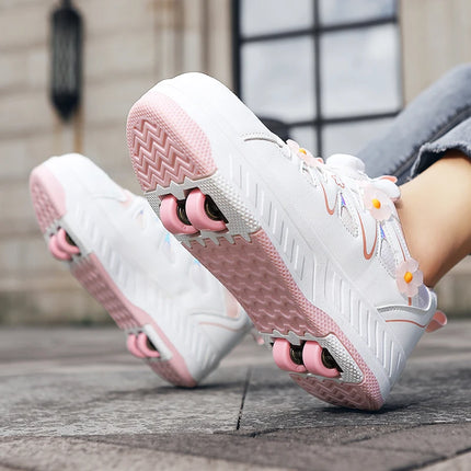 Girls Roller Skates Four-wheel Outdoor Shock-absorbing Casual Sports Shoes Soft Walking Comfortable Flat Wheel Shoes for Kids