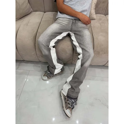 Washed Micro-Flare Gray Stitching Jeans, Suitable for Both Men and Women, Can Be Worn as Long Pants or Shorts, Comfortable