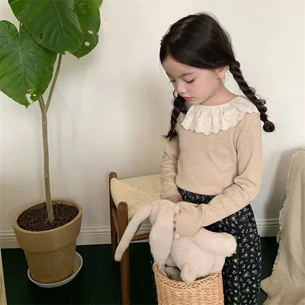 1-12 Years Long-Sleeved Shirts Children's Spring Knitted Tops Baby's Lace 2025 Lace Base Shirt Korean Girls Ruffle Collar T-shirt