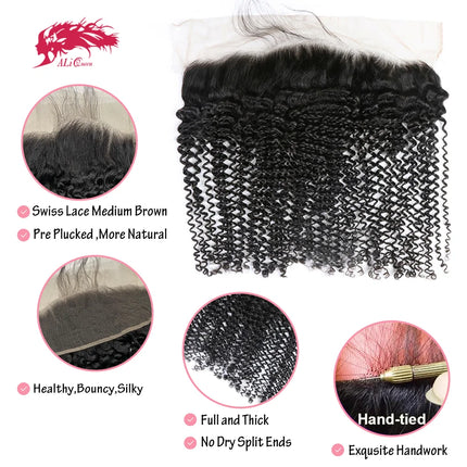 Ali Queen 13x4 Kinky Curly Lace Frontal Human Hair Pre plucked Natural Hair Line With Baby Hair Indian Virgin Hair 130% Density