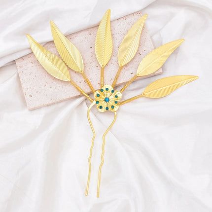 New Golden Alloy Leaf Crystal Flower Hairpin Hair Accessories for Women Thailand Ethnic Dance Party Decoration Headwear Jewelry