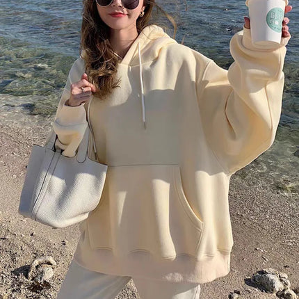 Retro Japanese Style Heavyweight Solid Color Hoodie Unisex Autumn Winter Casual Loose Warm Couple Inner Wear Top Coat