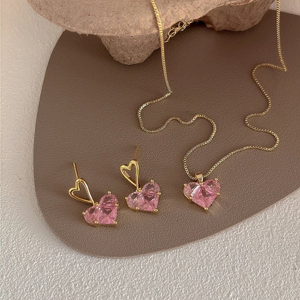 Y2K Heart Jewelry Set 3pcs Pink Crystal Zircon Pendant Earrings Necklace for Women Elegant Gift